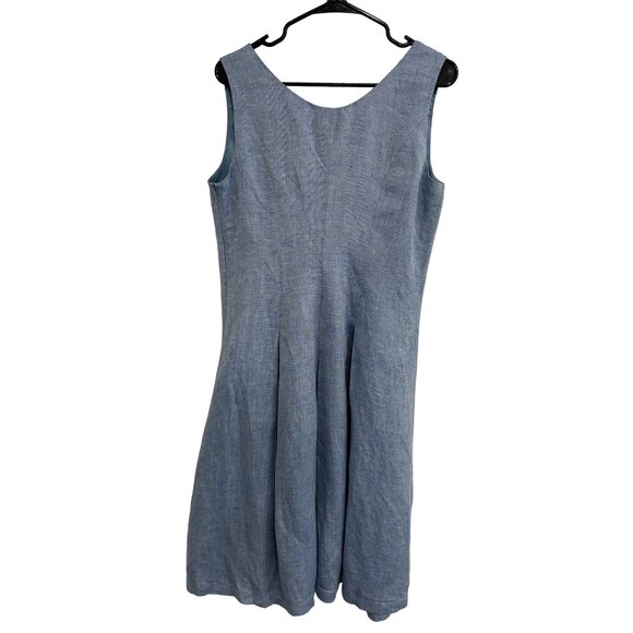 Linen Blend Sleeveless Blue V Neck  A Line Dress Side Zipper Sz Medium - Picture 2 of 9